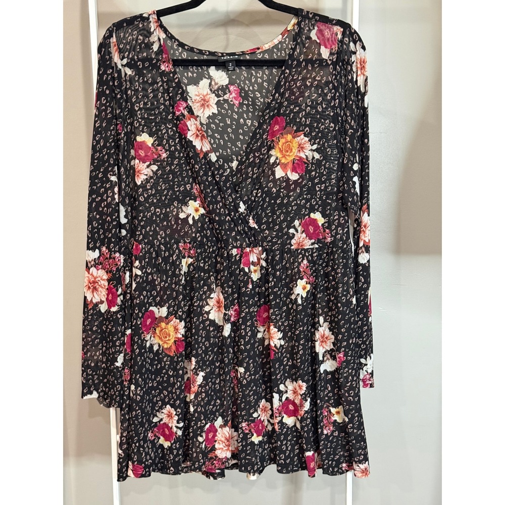 Torrid Floral Leopard Mesh Babydoll Tunic‎ Long Sleeve Womens 2 Whimsigoth Boho
